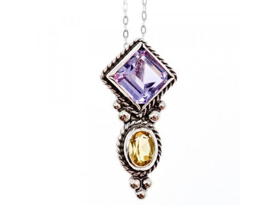 925 Sterling Silver Amethyst & Citrine Chain With Pendant Italy
