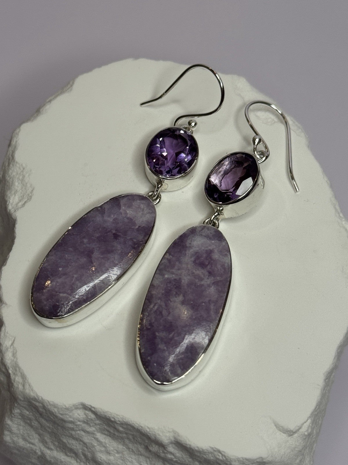 925 Sterling Silver Lepidolite & Amethyst Earrings Length 2.5 Inch
