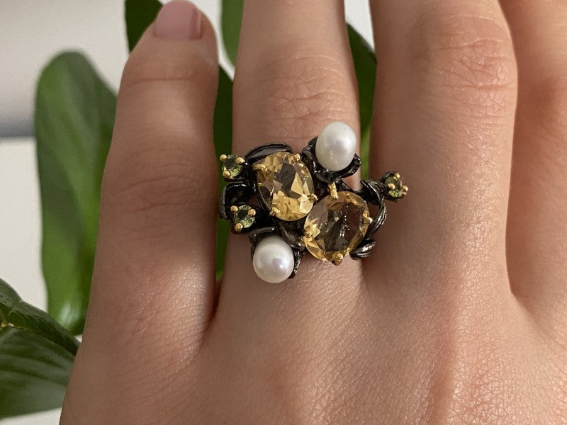 925 Sterling Blackened Silver Citrine, Peridot and Pearls Ring Size 7