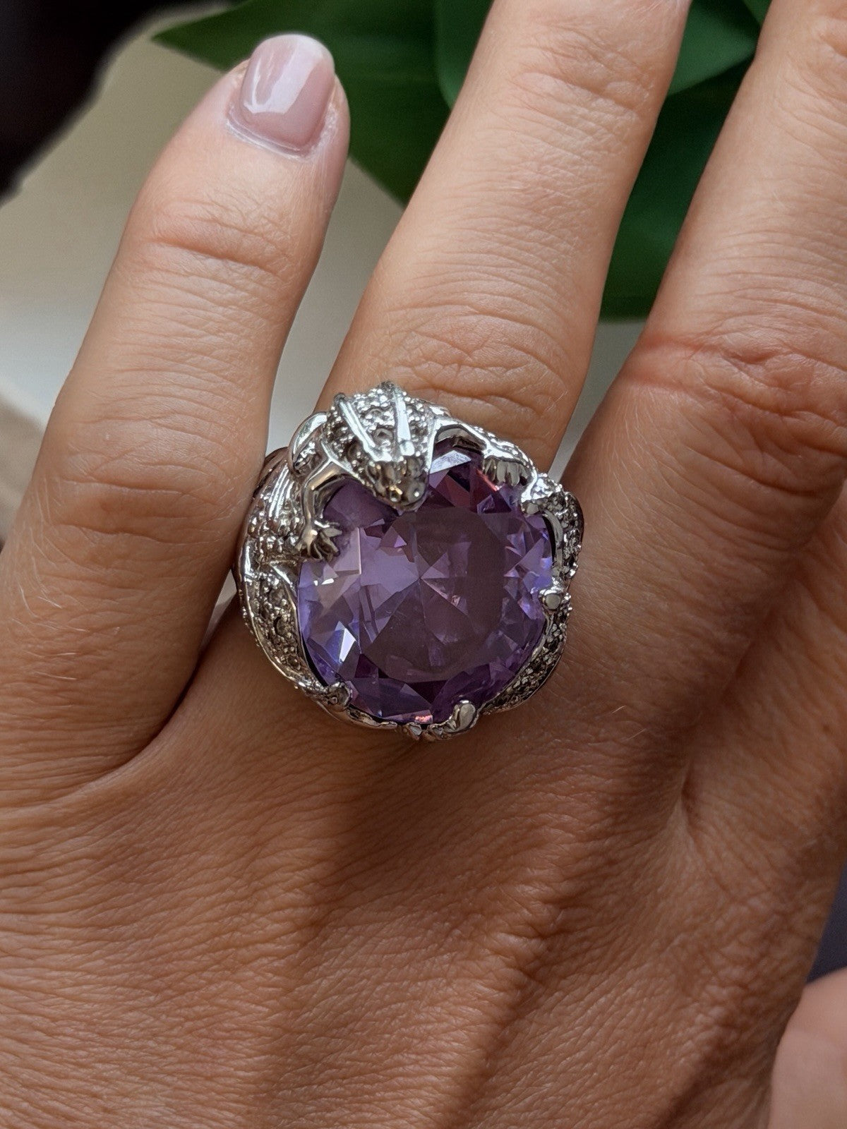 925 Sterling Silver Frog Ring Large Purple Amethyst & White Clear Beryl Size 7