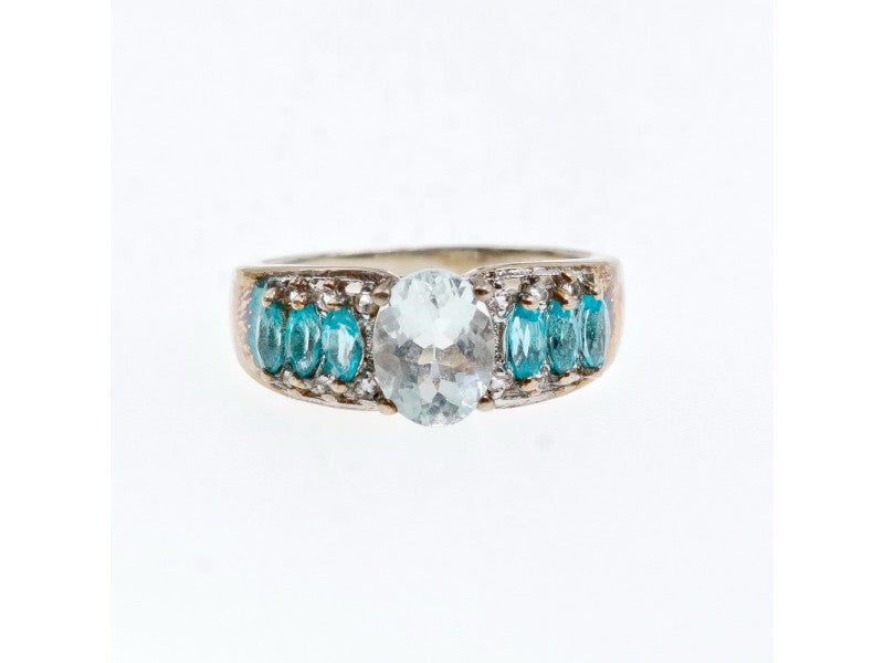 925 Sterling Silver Aquamarines Ring Size 8