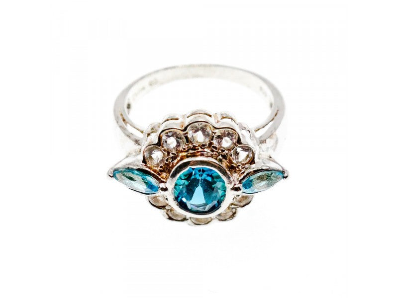 925 Sterling Silver Aquamarine & Goshenite Ring Size 9