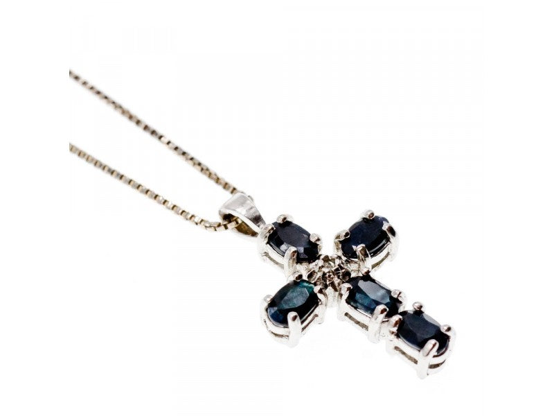925 Sterling Silver Blue Spinel & Diamond Chain with Cross Italy