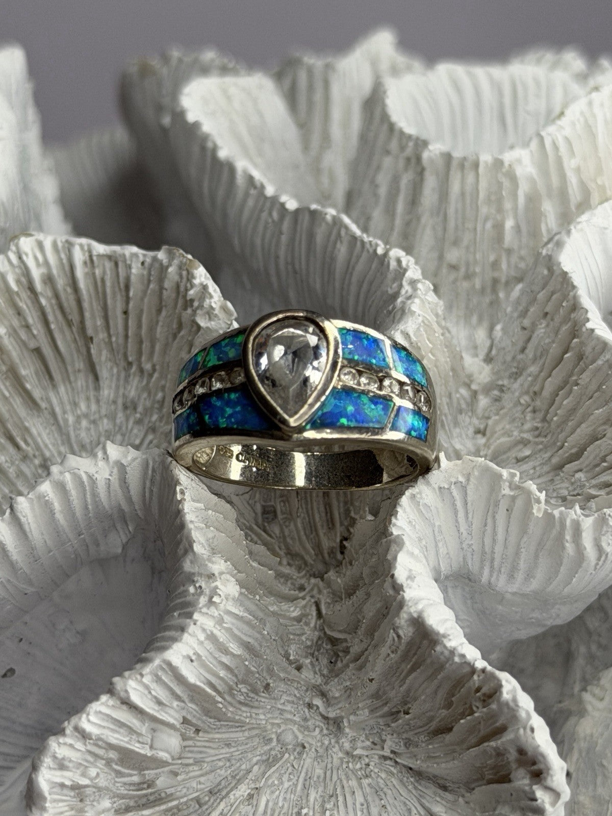 925 Sterling Silver Opal & Beryl Ring Size 8