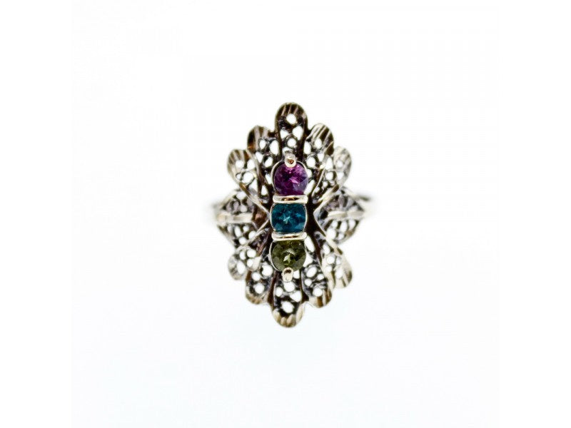 925 Sterling Silver Amethyst, Topaz & Peridot Openwork Ring Size 5