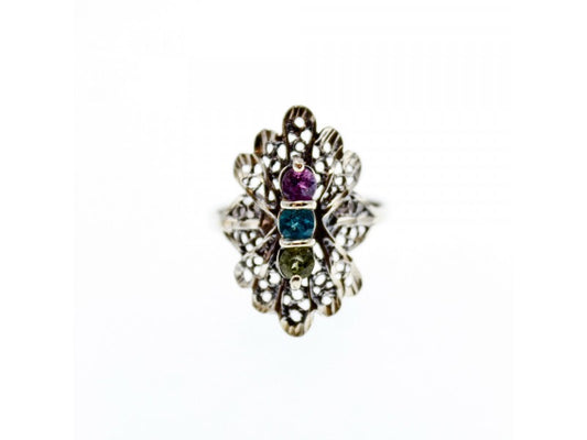 925 Sterling Silver Amethyst, Topaz & Peridot Openwork Ring Size 5