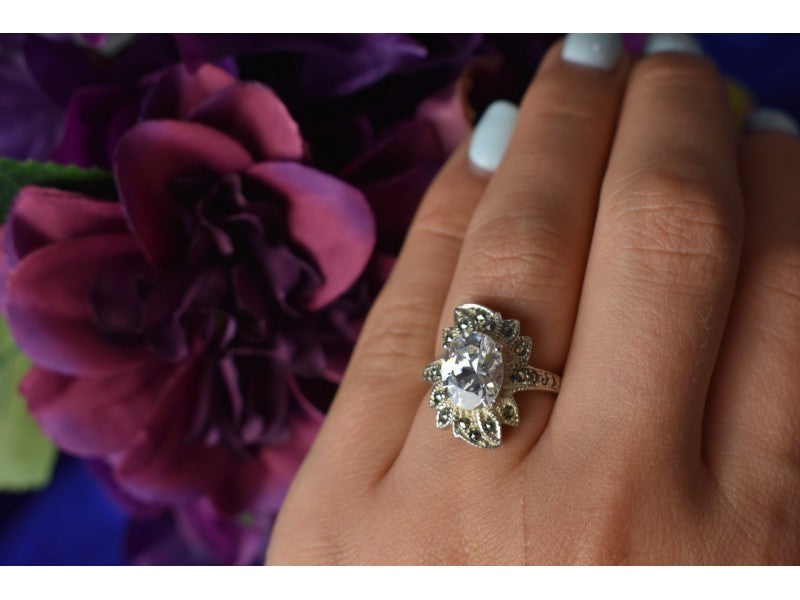 925 Sterling Silver CZ & Marcasites Ring Size 6.5