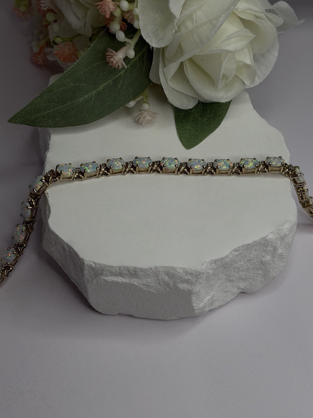 925 Sterling Silver Gold Plated Shiny Opal Bracelet Size 7