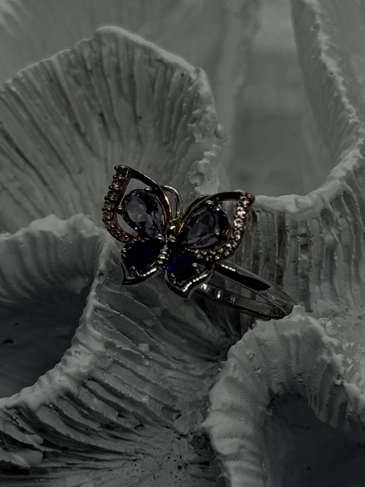 Butterfly 925 Sterling Silver 10K Rose Gold Amethyst  Iolite  Beryl Ring Size 7