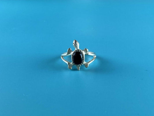 925 Sterling Silver Black Onyx "Turtle" Ring Size 5.5