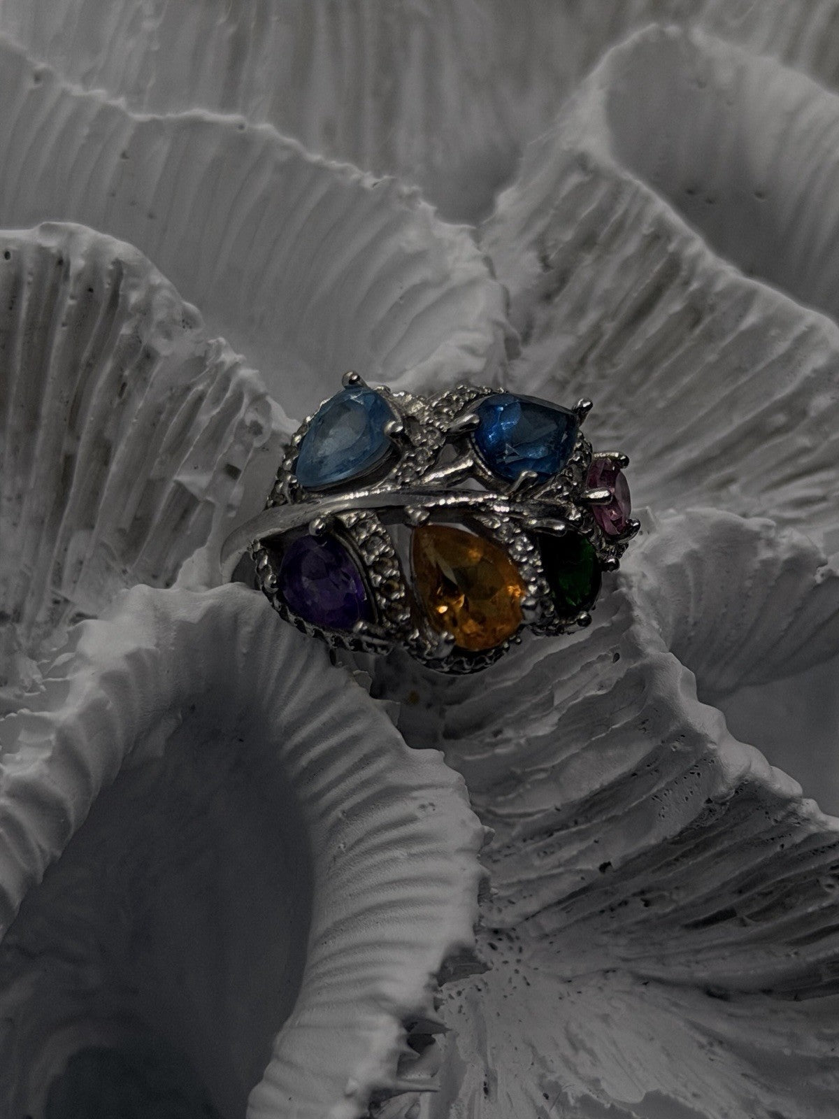 925 Sterling Silver Multi Color Tourmaline  Ring Size 6 Floral Design