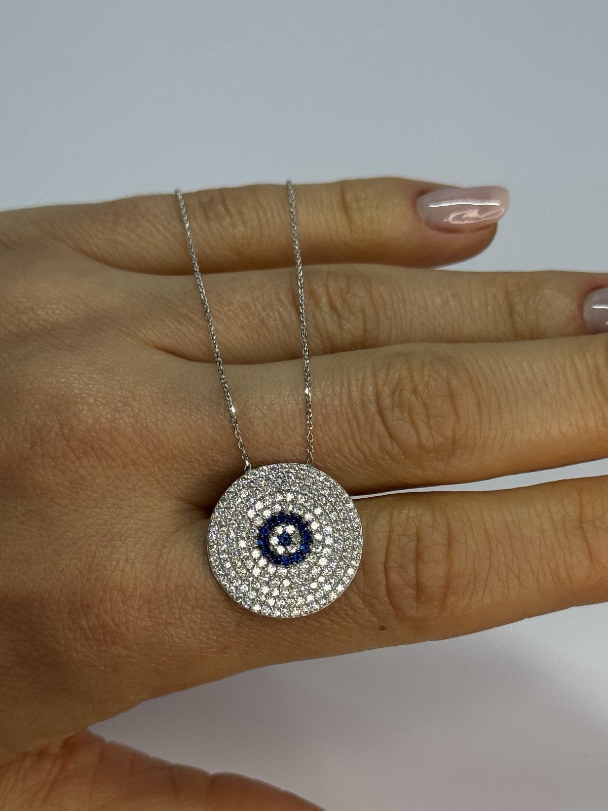14K WHITE GOLD NECKLACE WHITE & BLUE CRYSTALS LENGTH 17 INCH