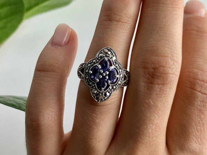 Vintage 925 Sterling Silver Amethyst & Marcasites Ring Size 5.5