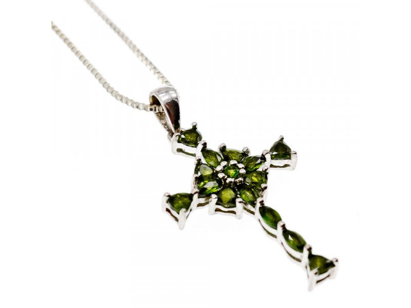 925 Sterling Silver Emeralds Chain With Cross