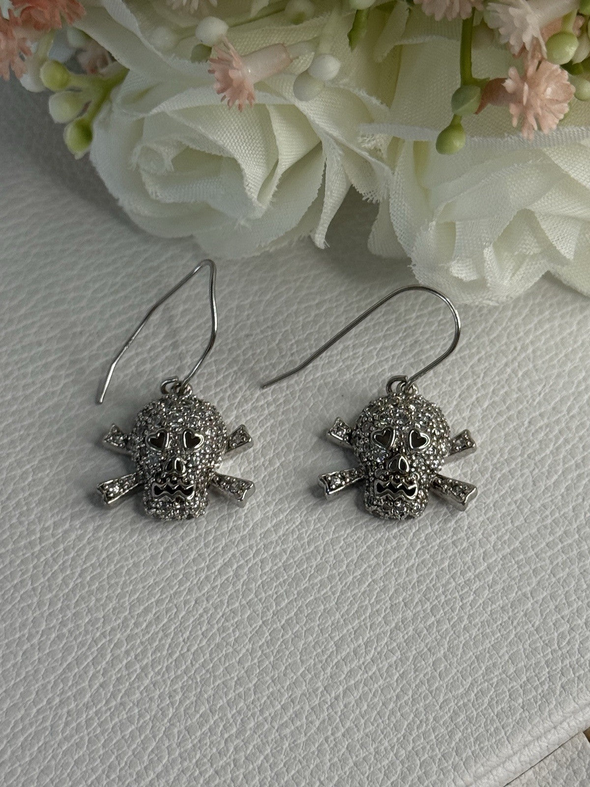 925 Sterling Silver Skull CZ Earrings Length 1.10 Inch