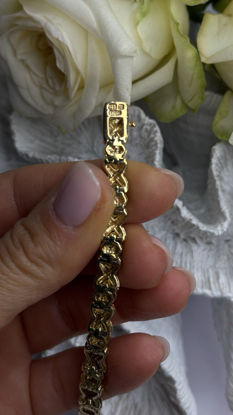 Elegant Tennis 925 Sterling Silver Gold Plated Bracelet Size 8
