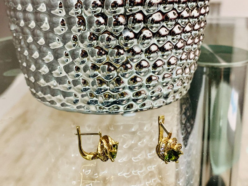 925 Sterling Silver Gold Plated Emerald & CZ Earrings