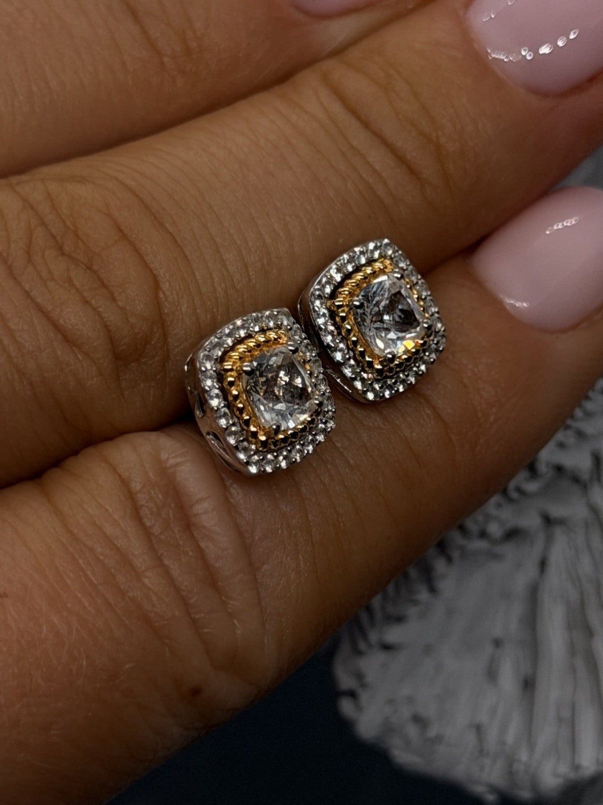 925 Sterling Silver Two-Tone Cushion Cut Halo Stud Cz Earrings Gold Accent
