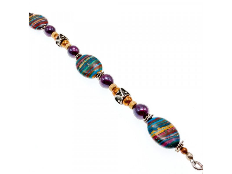 925 Sterling Silver Multicolor Jasper Bracelet Size 7.5 IN