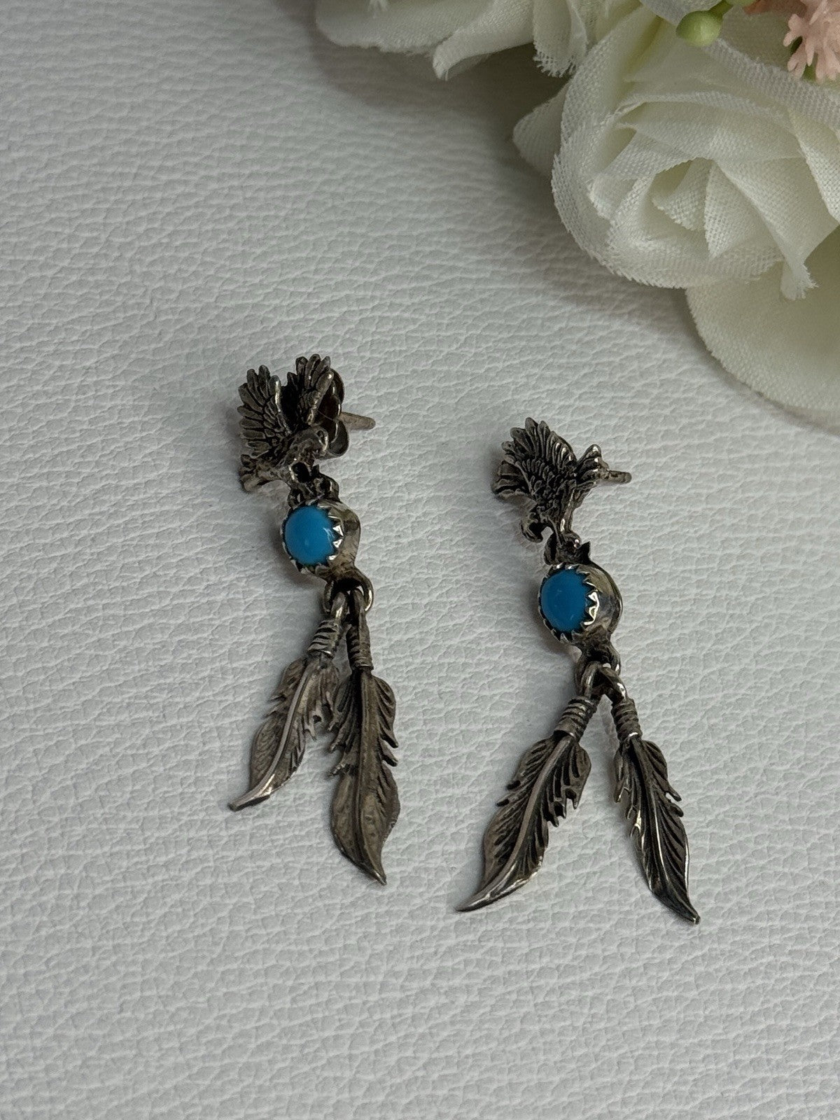 Navajo Flying Eagle 925 Sterling Silver Turquoise Earrings Length 1.60 Inch