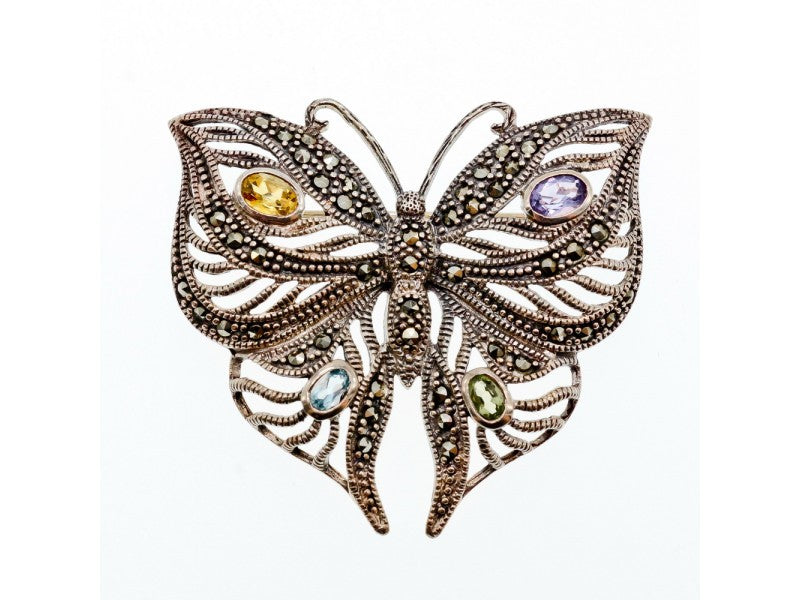 925 Sterling Silver Citrine, Topaz, Amethyst, Peridot & Marcasites Brooch