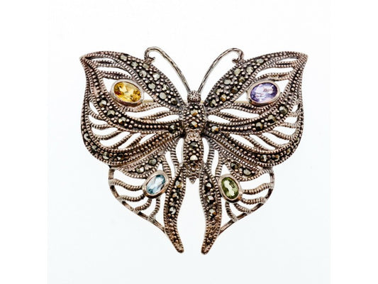 925 Sterling Silver Citrine, Topaz, Amethyst, Peridot & Marcasites Brooch