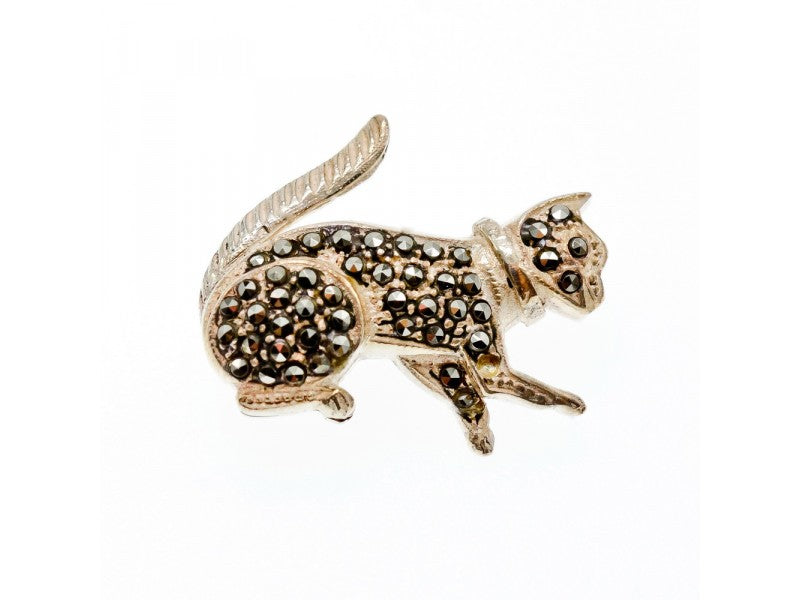 925 Sterling Silver Black Quartz (Morion) "Cat" Brooch