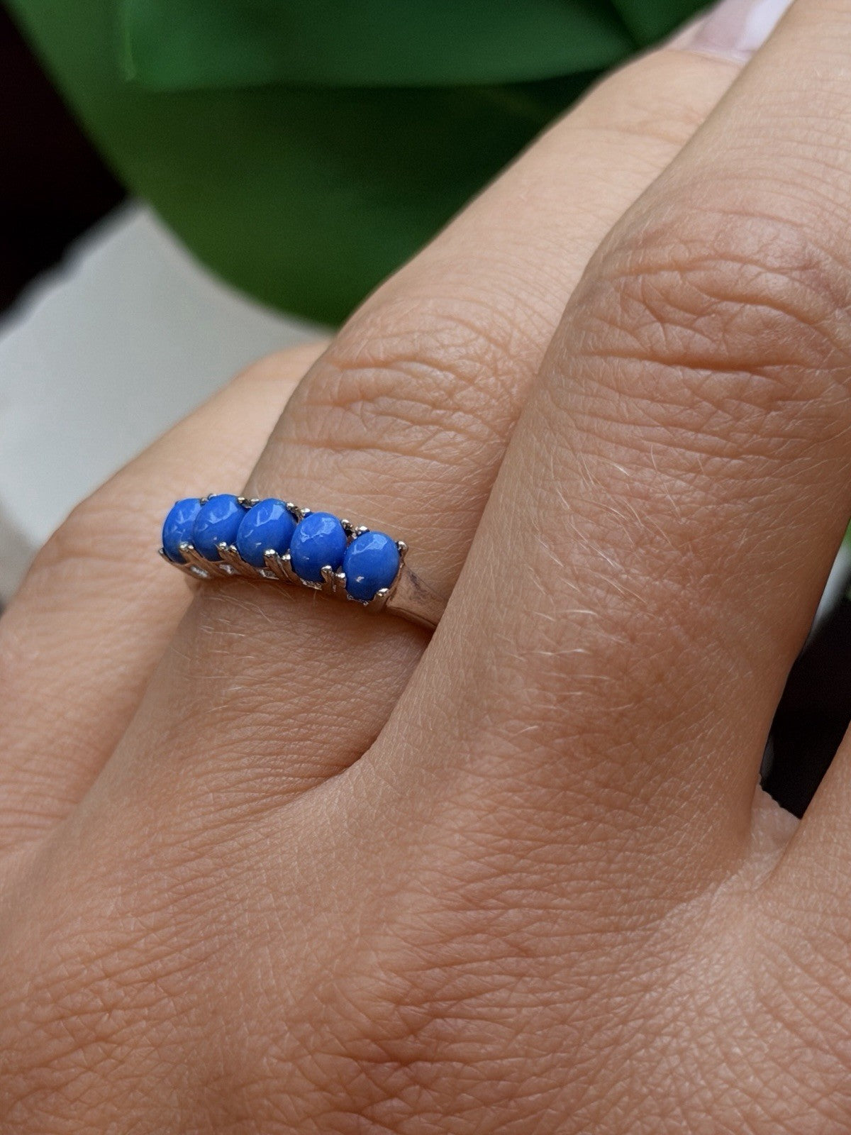 925 Sterling Silver Five Stone Oval Blue Turquoise Ring Size 7