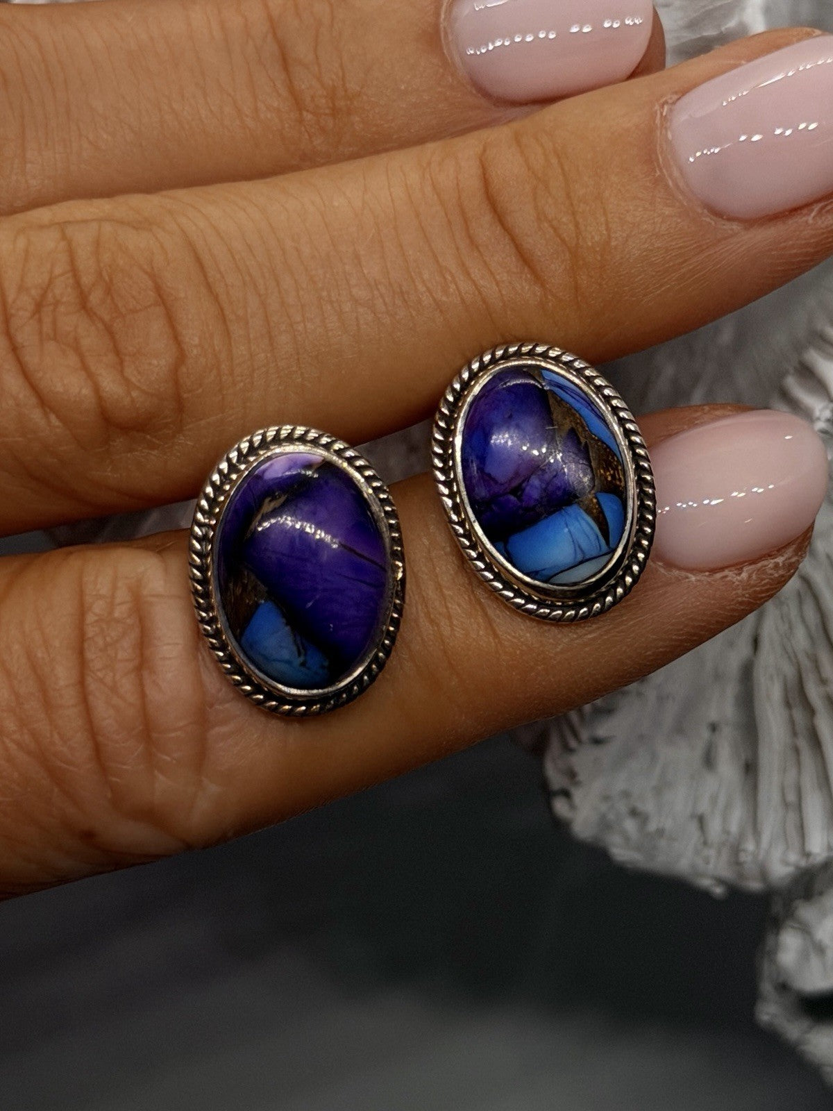 925 Sterling Silver Purple & Blue Turquoise Composite Stone Oval Stud Earrings