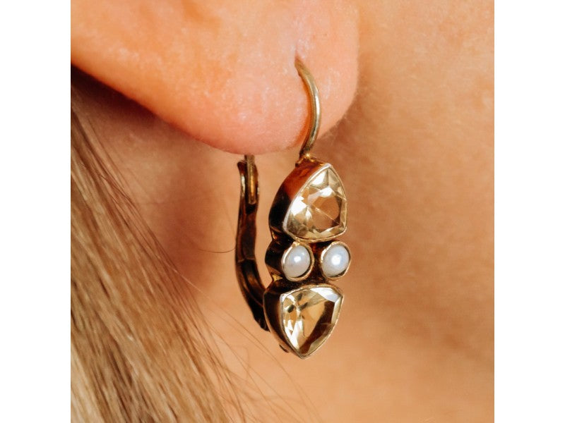 925 Sterling Silver Gold Plated Heliodor & Pearls Earrings