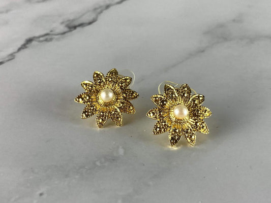 925 STERLING SILVER GOLD PLATED PEARLS "FLOWERS" STUD EARRINGS