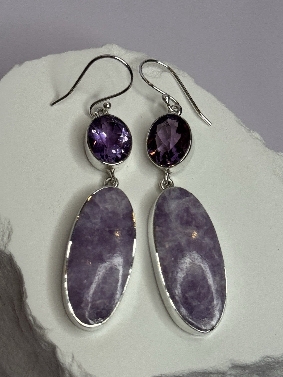925 Sterling Silver Lepidolite & Amethyst Earrings Length 2.5 Inch