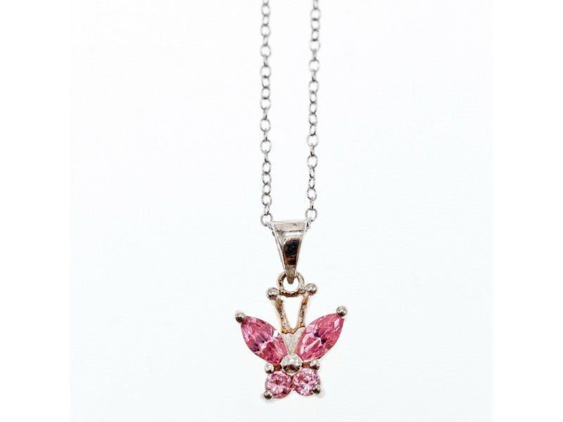 925 Sterling Silver Pink CZ "Butterfly" Chain With Pendant Italy
