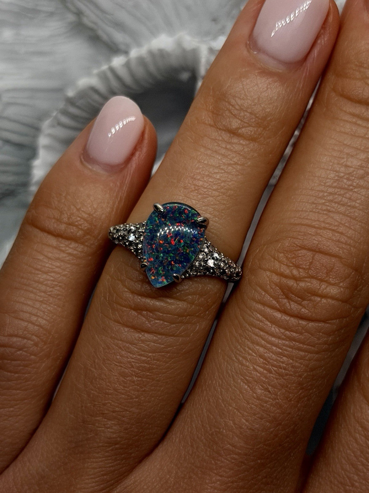 925 Sterling Silver Pear-Shaped Opal & Beryl Ring Size 6