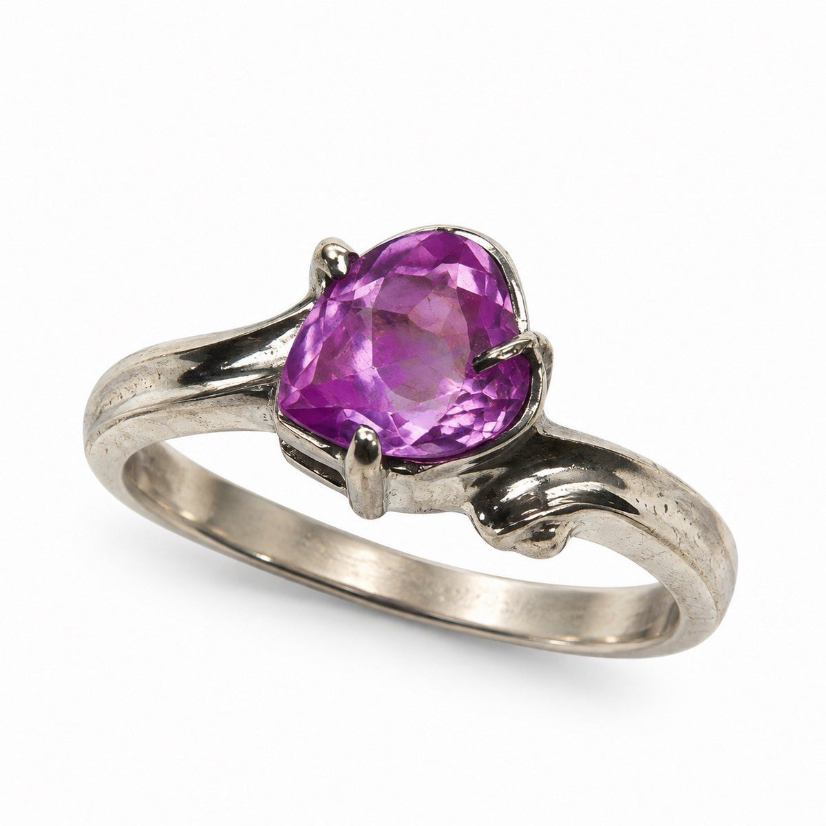 925 Sterling Silver Heart Shaped Pink Sapphire Ring Size 8