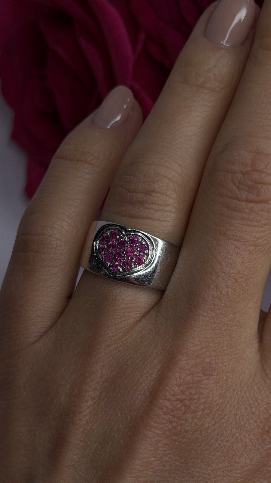 925 Sterling Silver Pink Topaz Heart Ring Size 7