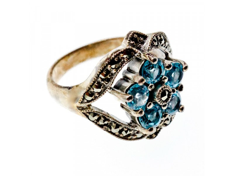 925 Sterling Silver Blue Topaz & Marcasites Ring Size 8