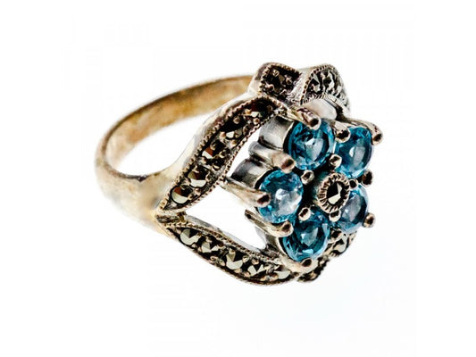 925 Sterling Silver Blue Topaz & Marcasites Ring Size 8