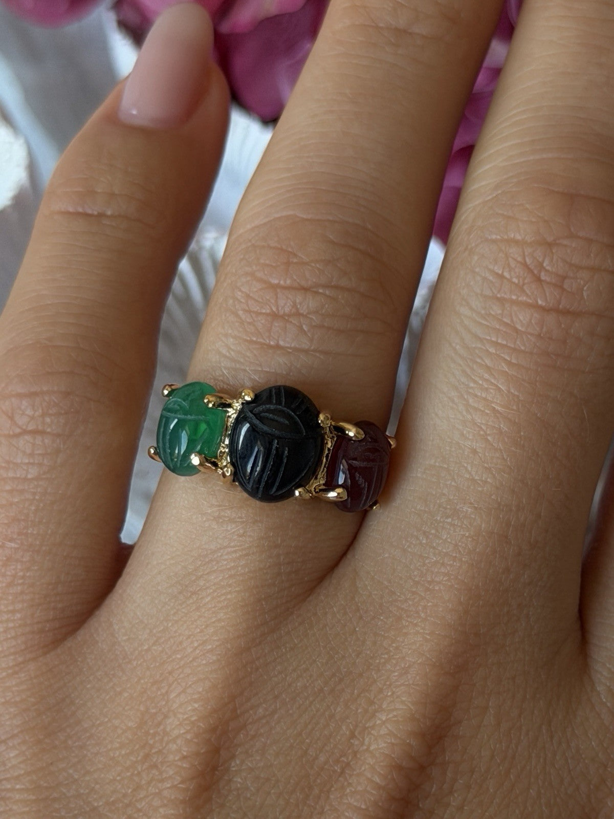 925 Sterling Silver Gold Plated Carved Carnelian Onyx Jade Ring Size 7