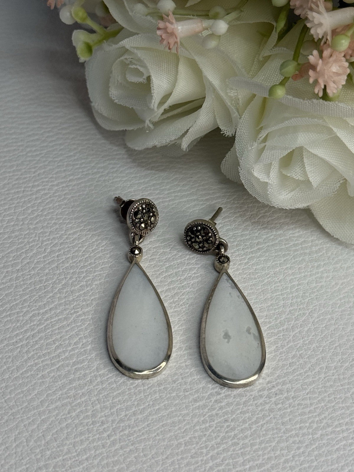 Vintage 925 Sterling Silver Abalone & Marcasite Earrings Length 1.60 Inch