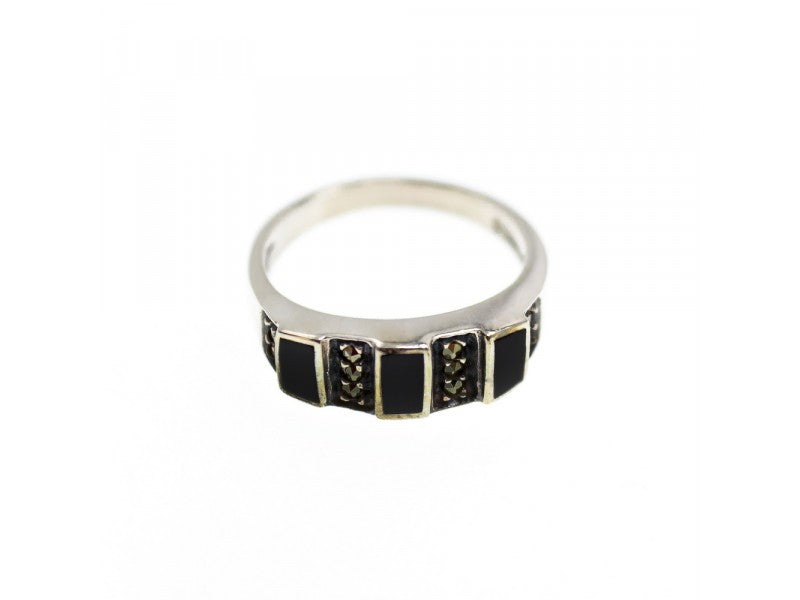 925 Sterling Silver Black Nephrite & Marcasites Ring Size 5.75