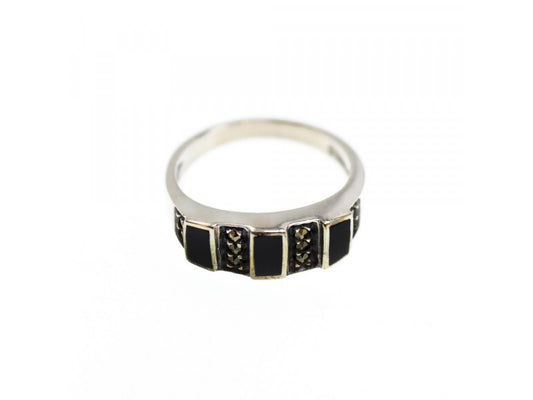 925 Sterling Silver Black Nephrite & Marcasites Ring Size 5.75