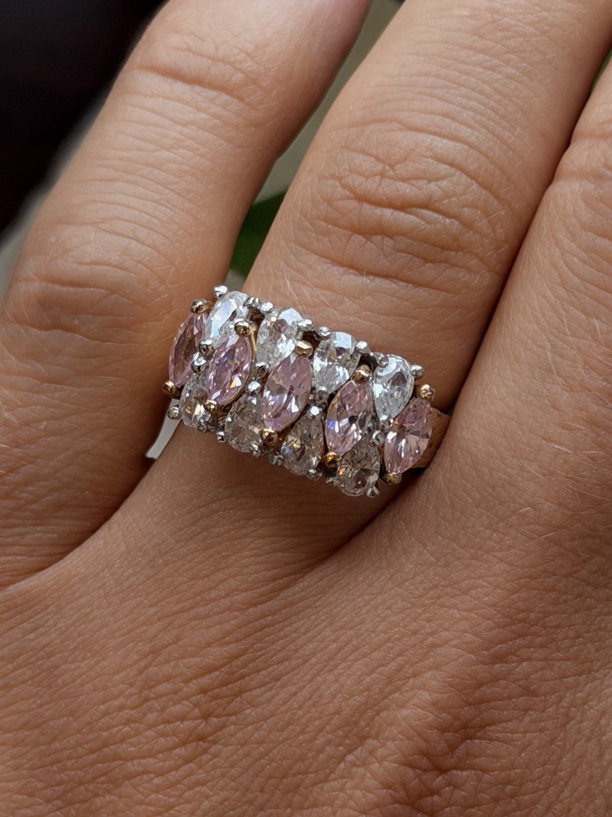 925 Sterling Silver Gold Plated Pink Morganite & White Clear Beryl Ring Size 8