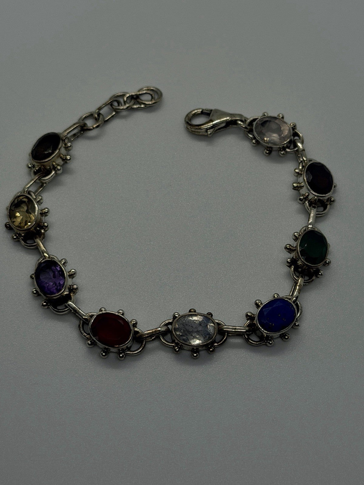 Vintage 925 Sterling Silver Multi-Gemstone Oval Link Bracelet Size 7