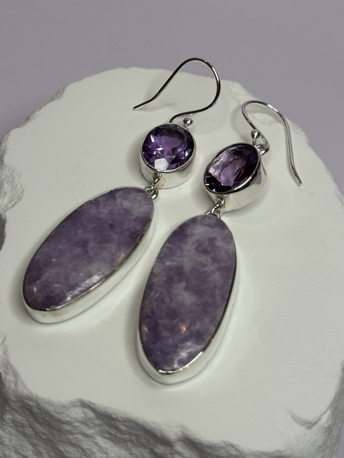 925 Sterling Silver Lepidolite & Amethyst Earrings Length 2.5 Inch