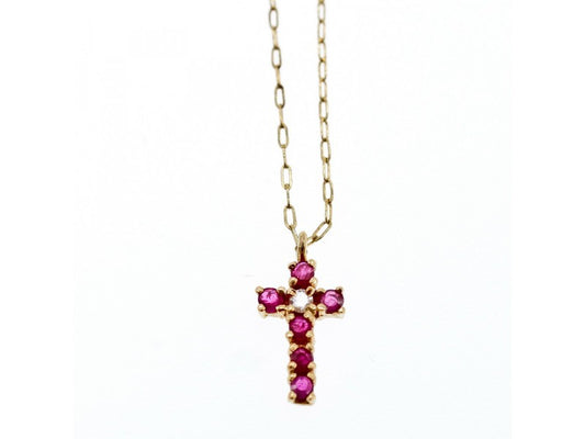 14K Yellow Gold Rubies & Diamond Chain With Cross Pendant