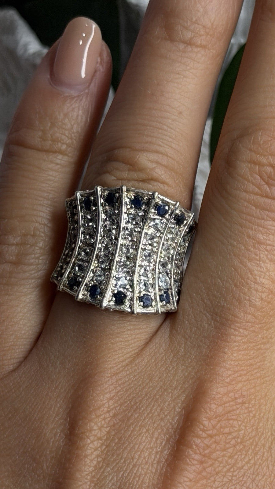 925 Sterling Silver Blue Sapphires & Clear Topaz Stones Ring Size 6
