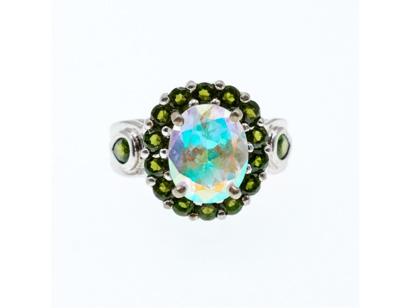 925 Sterling Silver Quartz & Peridot Ring Size 5.5