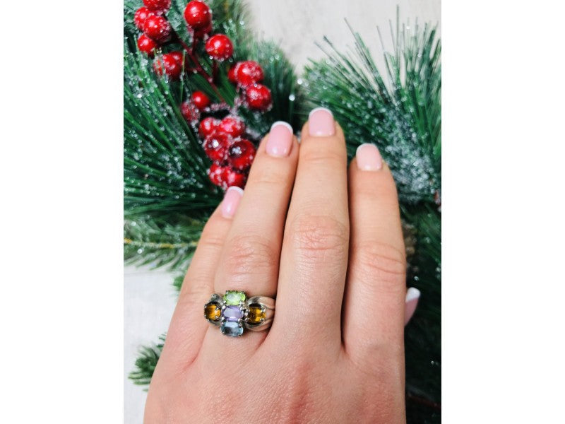 925 Sterling Silver Multi Gemstones Ring Size 6.5
