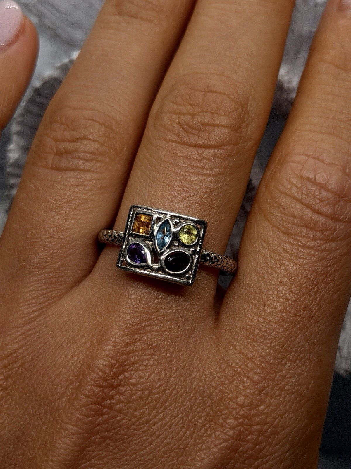 925 Sterling Silver Multi-Gemstone Cluster Ring Size 10